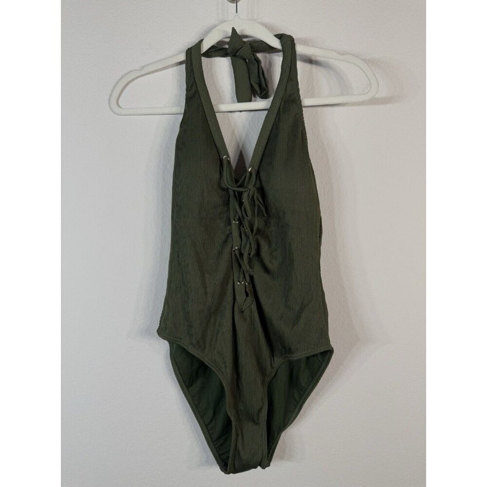 Miss Lola Women’s Olive Green Lace up Halter One Piece Swimsuit Size Large Beach